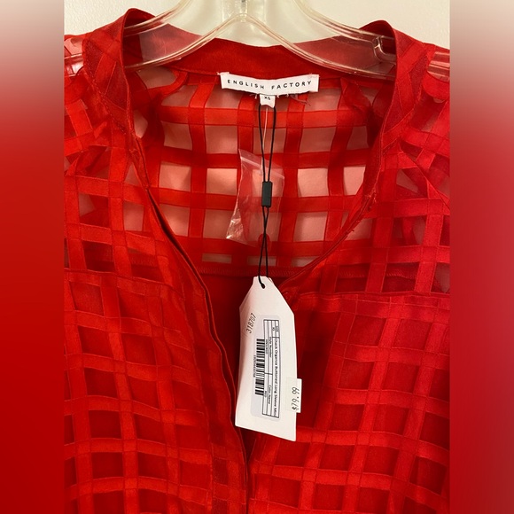 English Factory Women's Check Organza Buttoned Long Sleeves Red Mini Dress - Picture 3 of 5